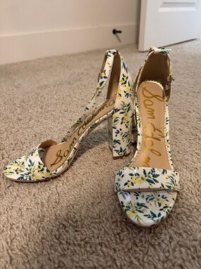 Sam Edelman White Floral Block Heel Sandals with Yellow & Green Print